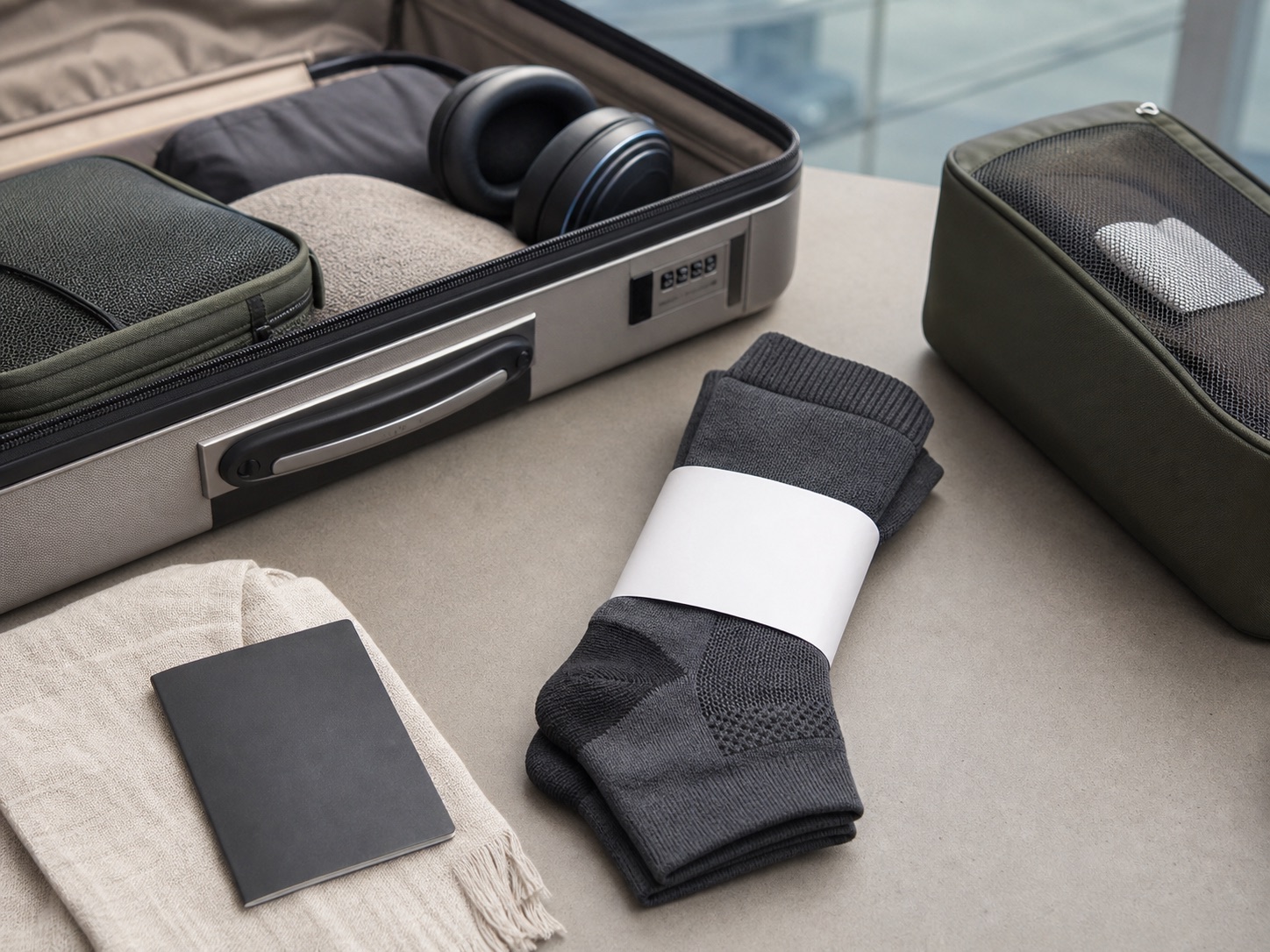 Compression socks packed for a travel brand