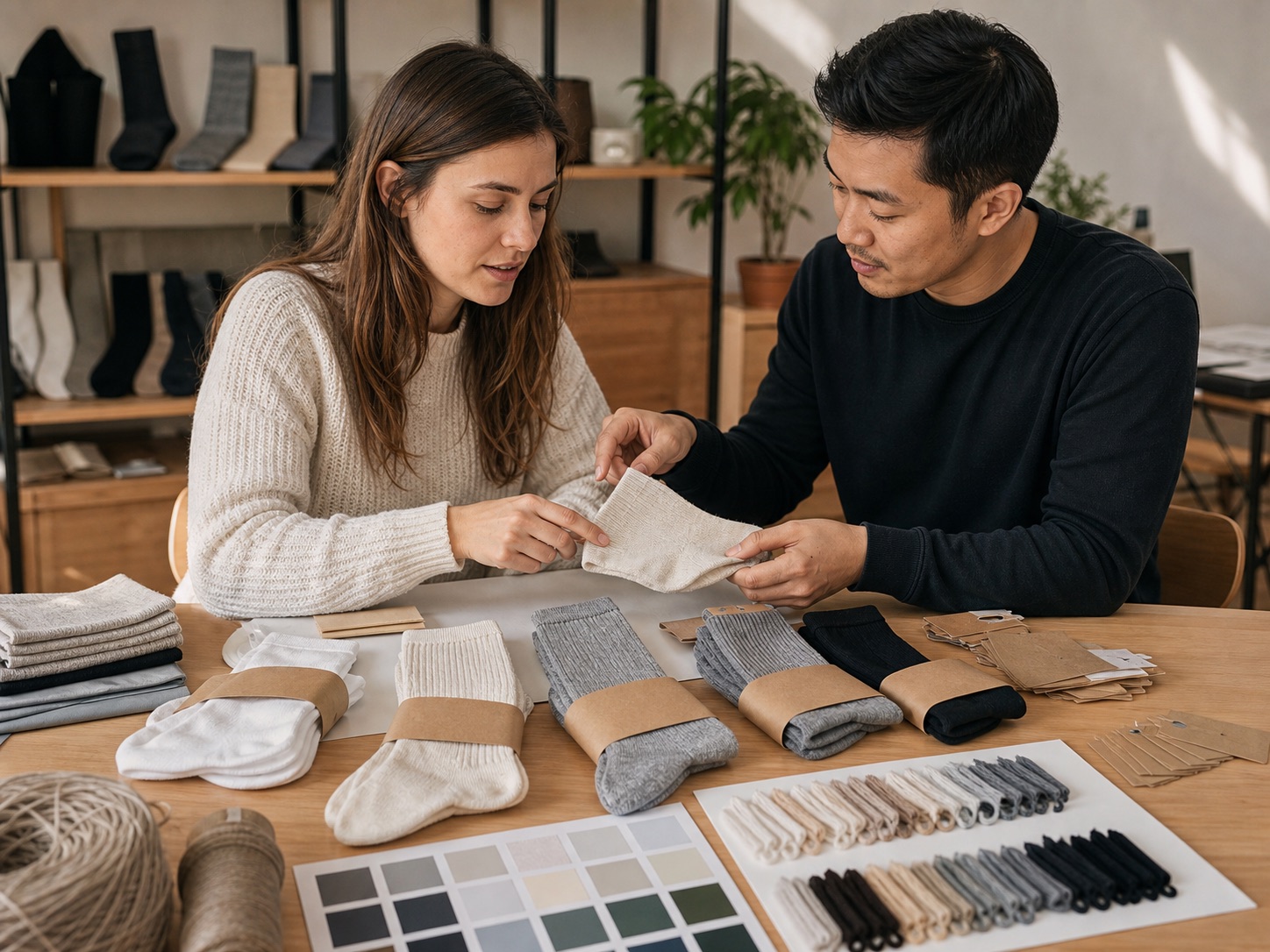 Private label startup reviewing bamboo sock samples