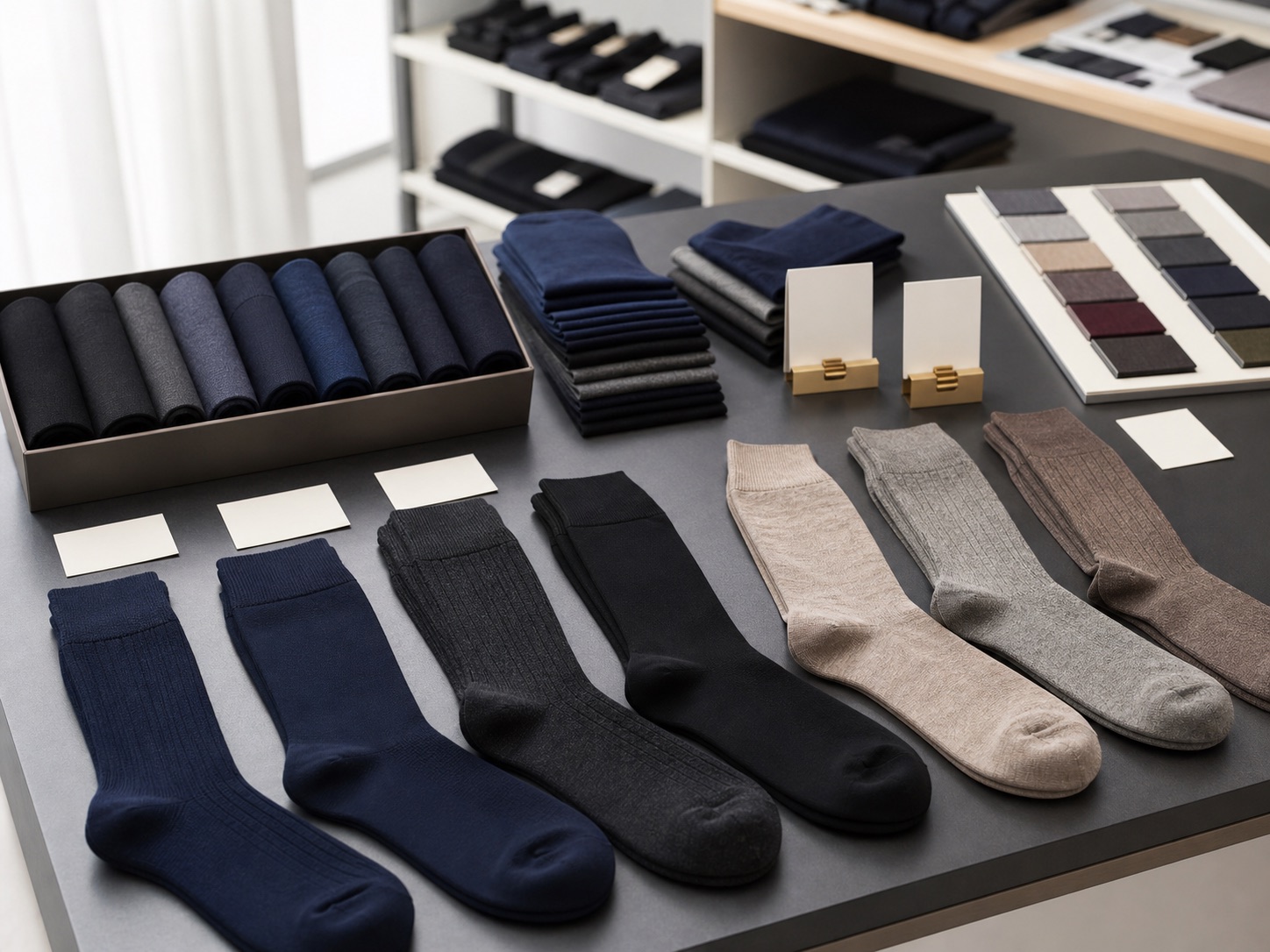 Uniform supplier reviewing dress sock samples
