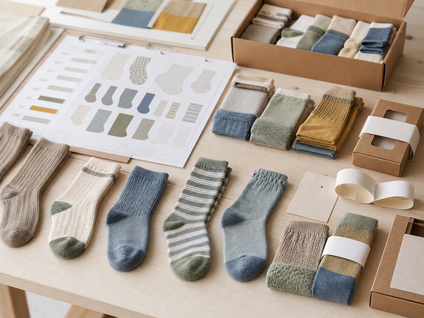 Private label startup reviewing kids sock samples