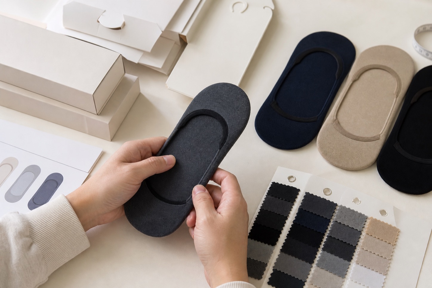 Private label startup reviewing no-show sock samples