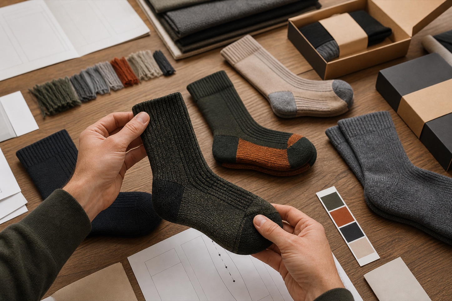 Private label startup reviewing merino sock samples