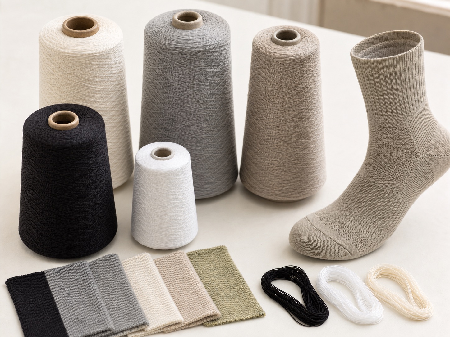 Compression sock material options with yarn cones and swatches