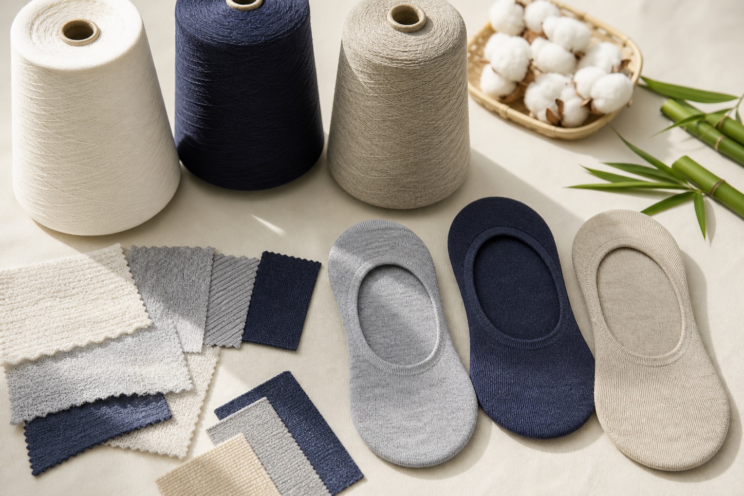 No-show sock material options with soft yarn and swatches