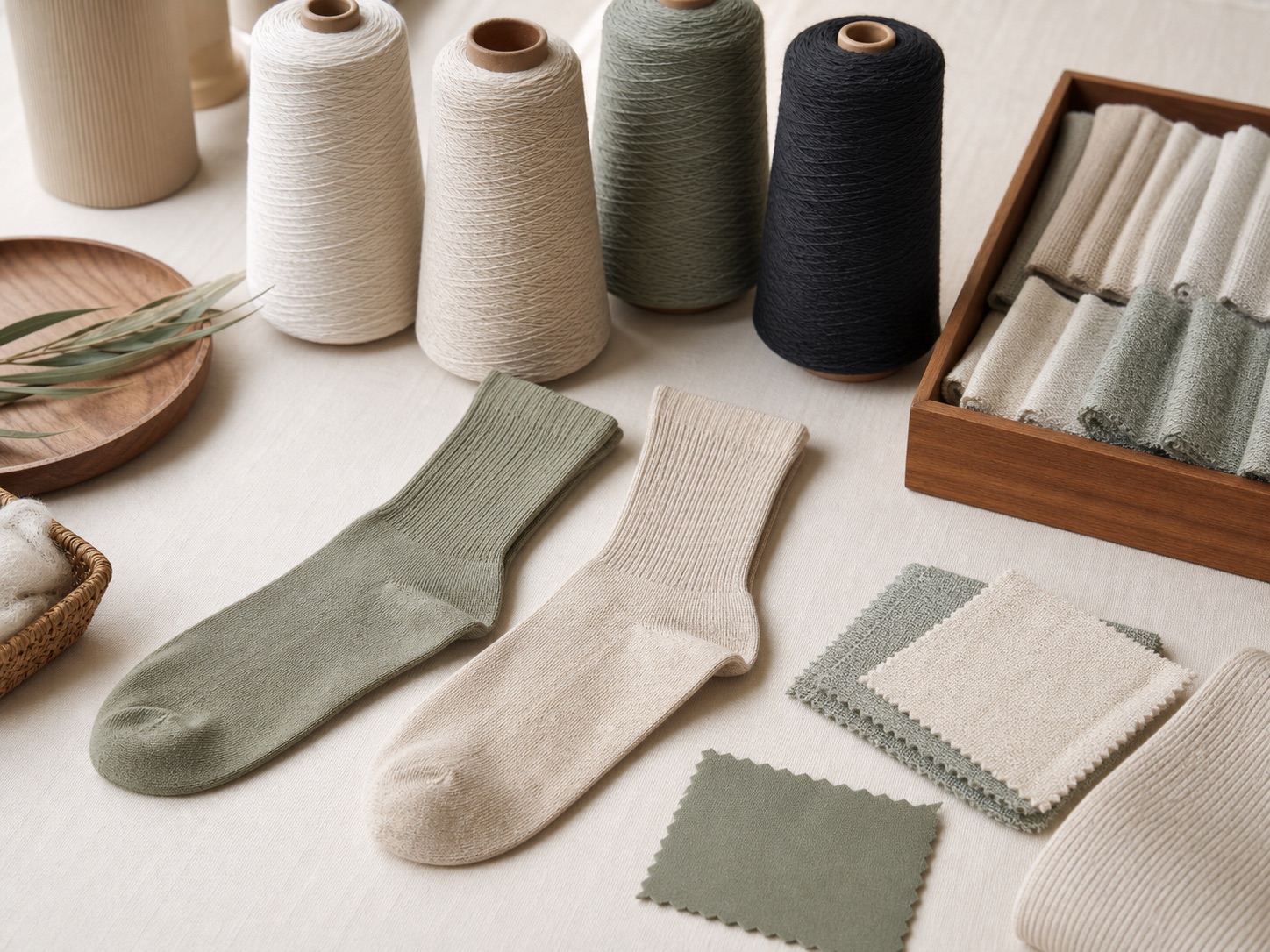 Bamboo sock material blend options with yarn and swatches
