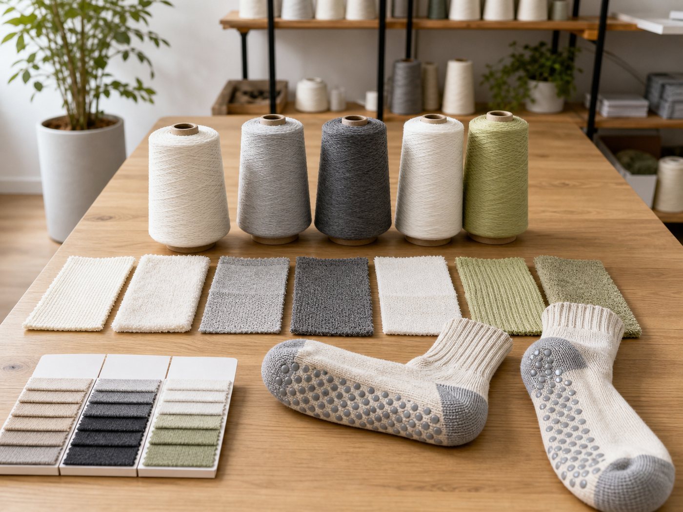 Grip sock material options with yarn cones and swatches