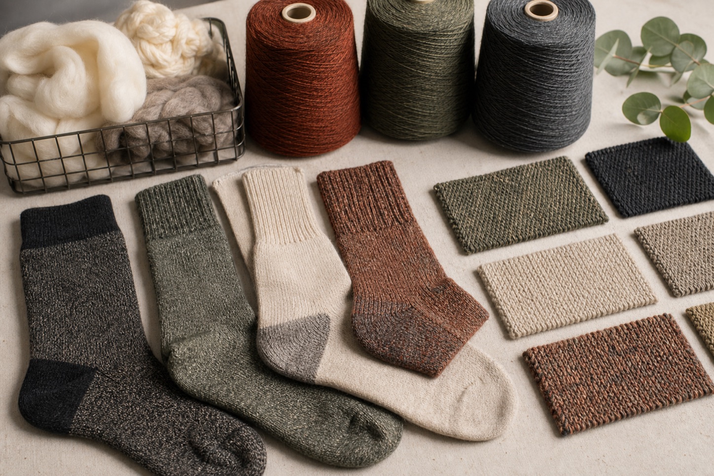 Merino wool blend options with yarn and swatches