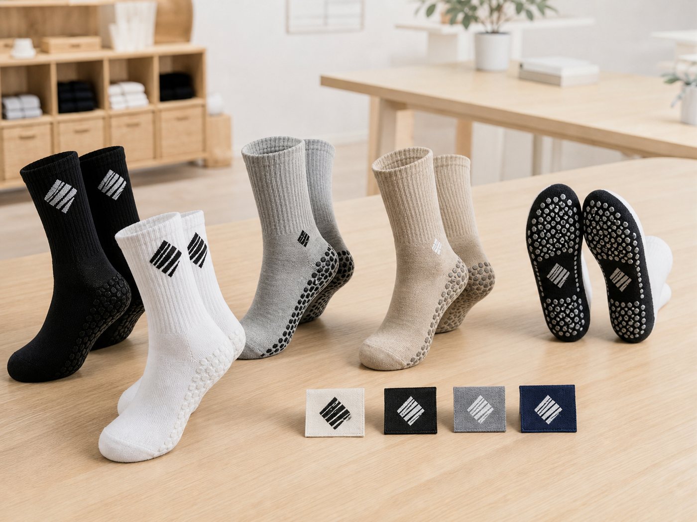 Grip sock logo placement and woven label options