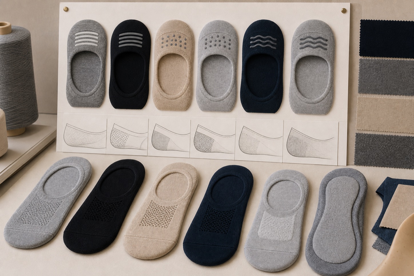 No-show sock heel grip and structure options