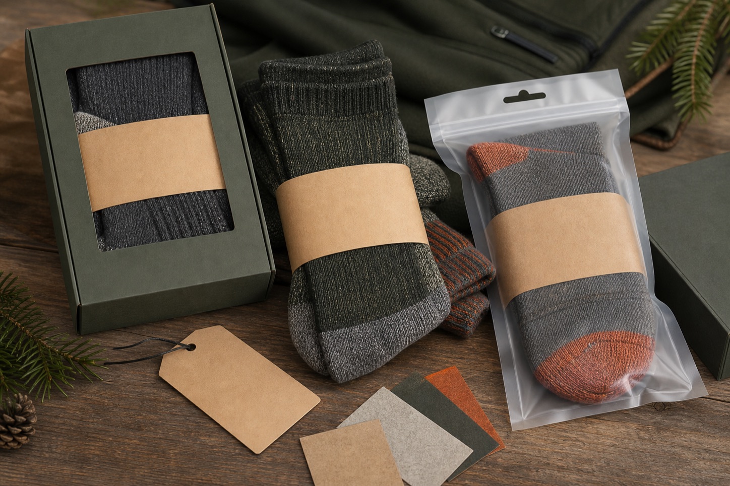 Merino sock hangtag material card and box options