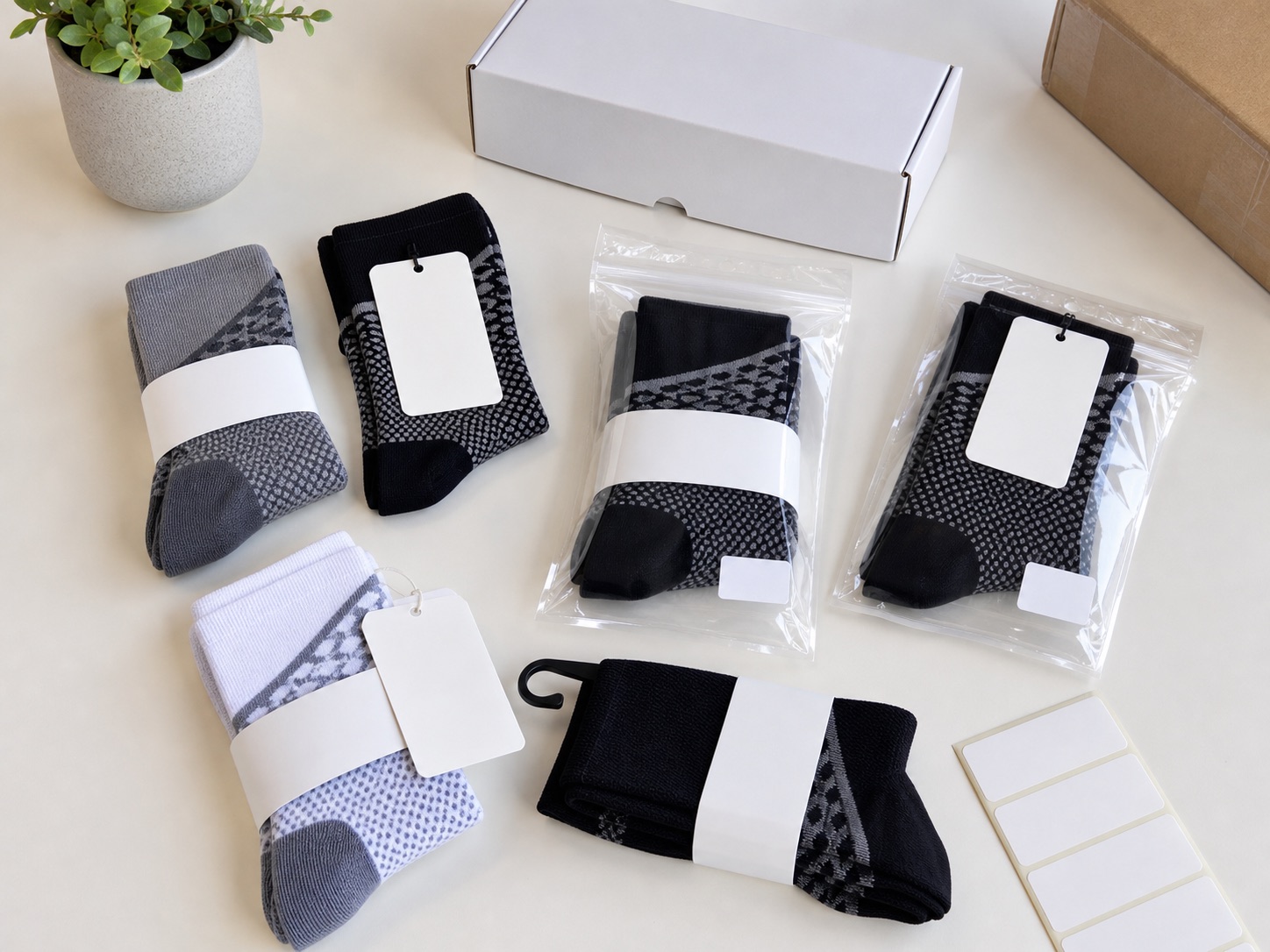 Compression sock packaging with paper band hangtag and box