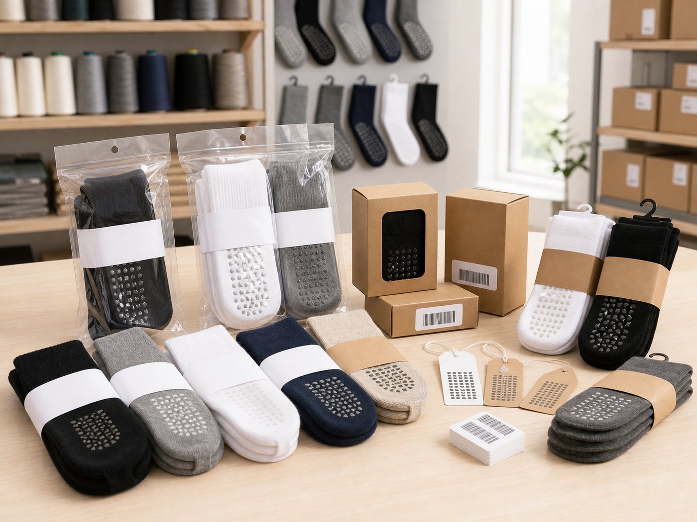 Grip sock packaging options with polybag paper band hangtag and box