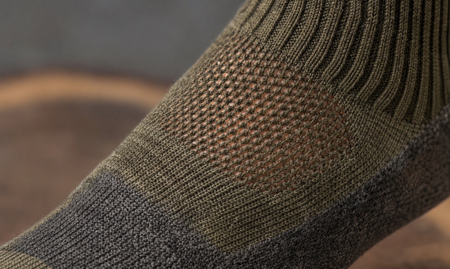 Breathable instep mesh on a merino sock
