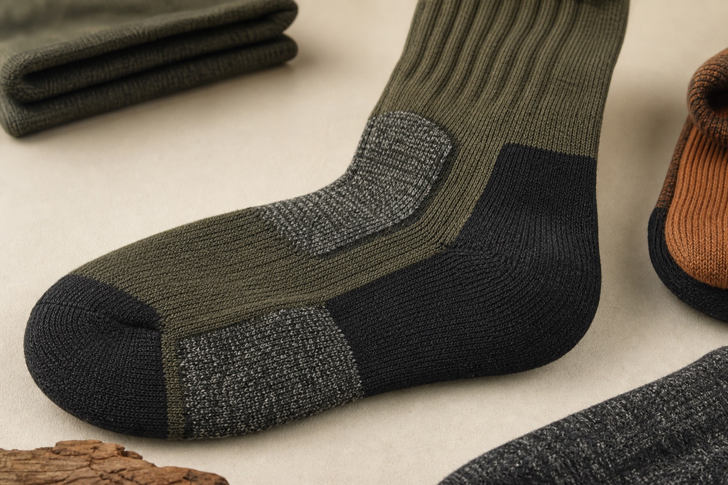 Reinforced heel and toe on a merino sock