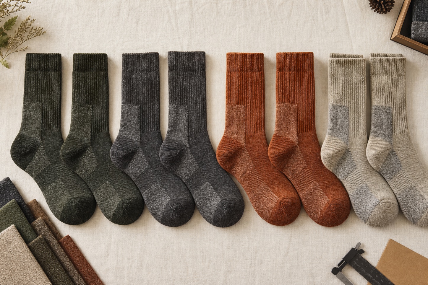 Matched merino sock pairs with consistent size and shade