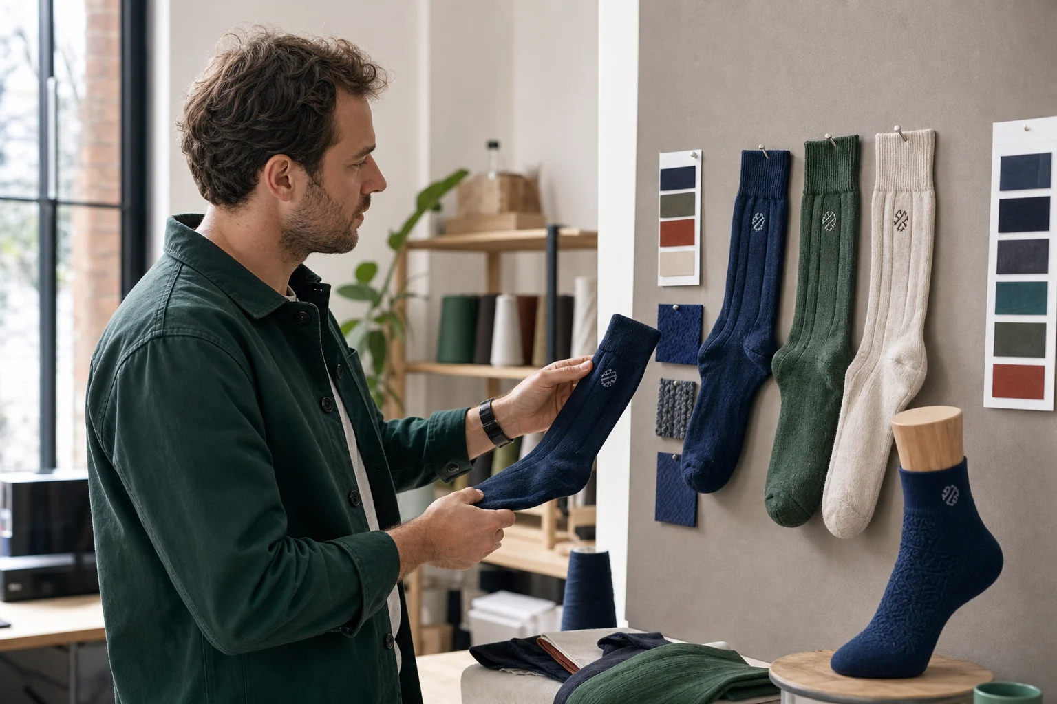 Private label startup reviewing logo sock samples