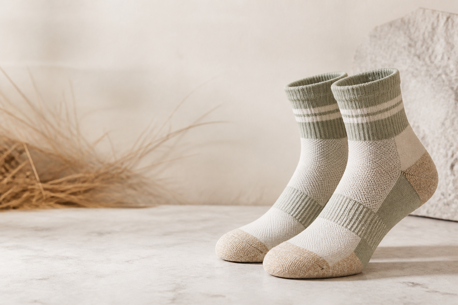 Custom quarter-length golf sock samples in neutral colourways