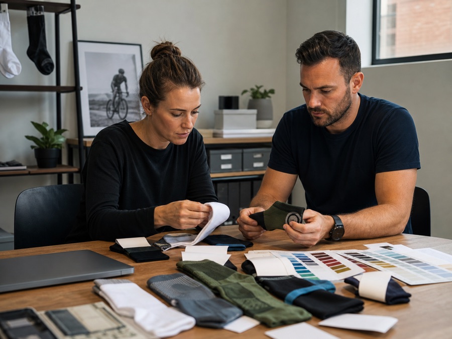 Startup team reviewing private label cycling socks