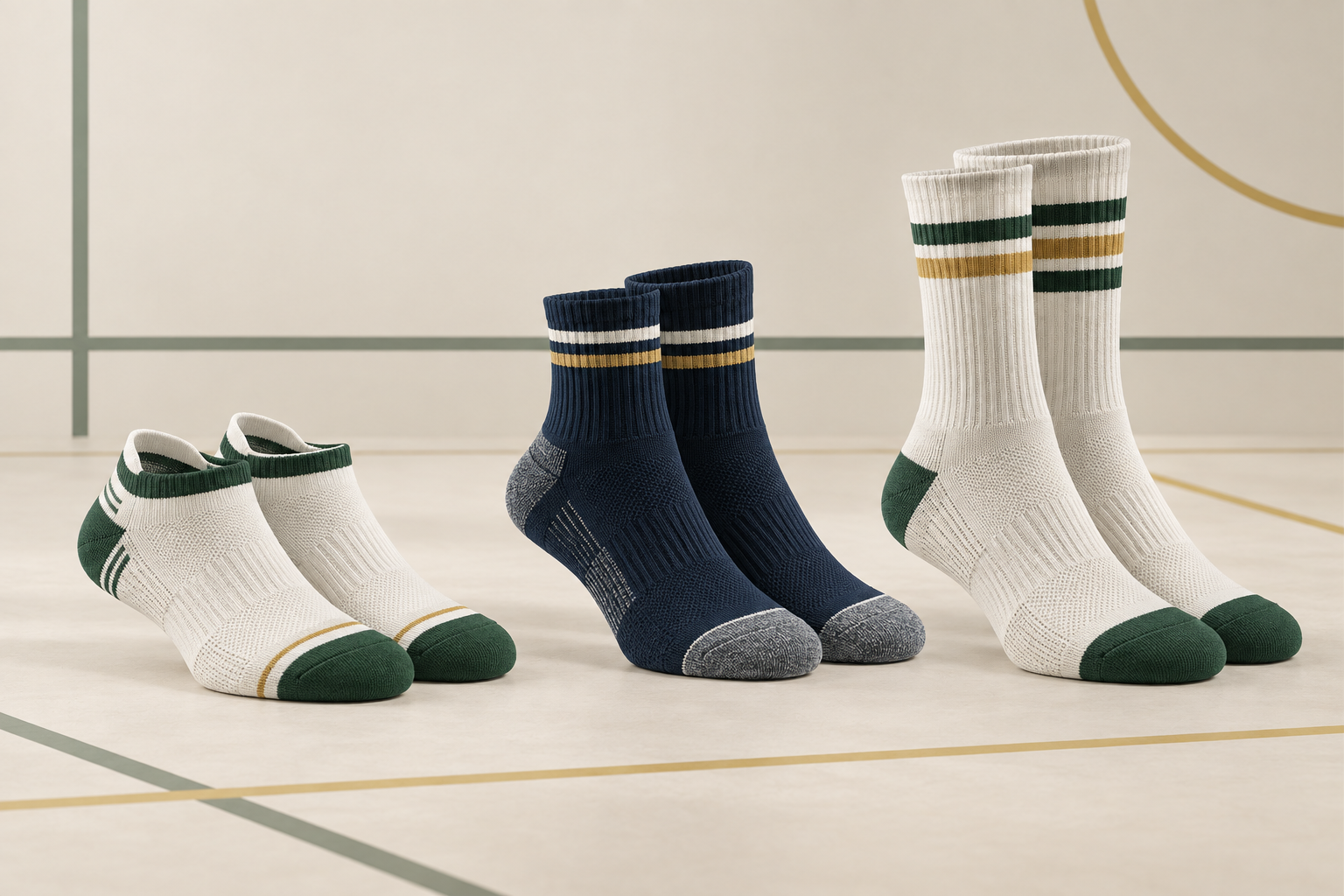 Illustrative ankle quarter and crew badminton sock height directions