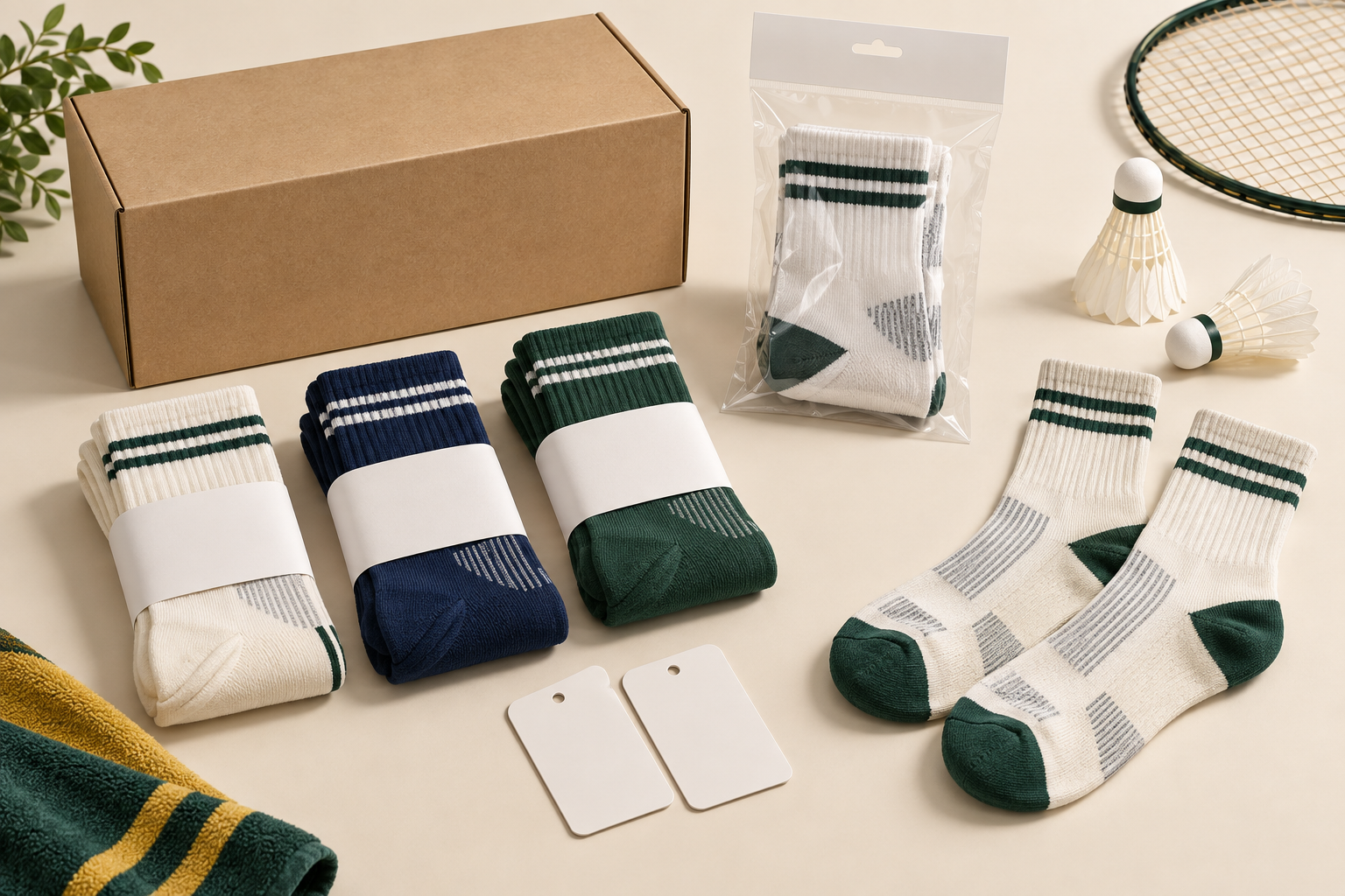 Illustrative blank packaging and size directions for badminton socks