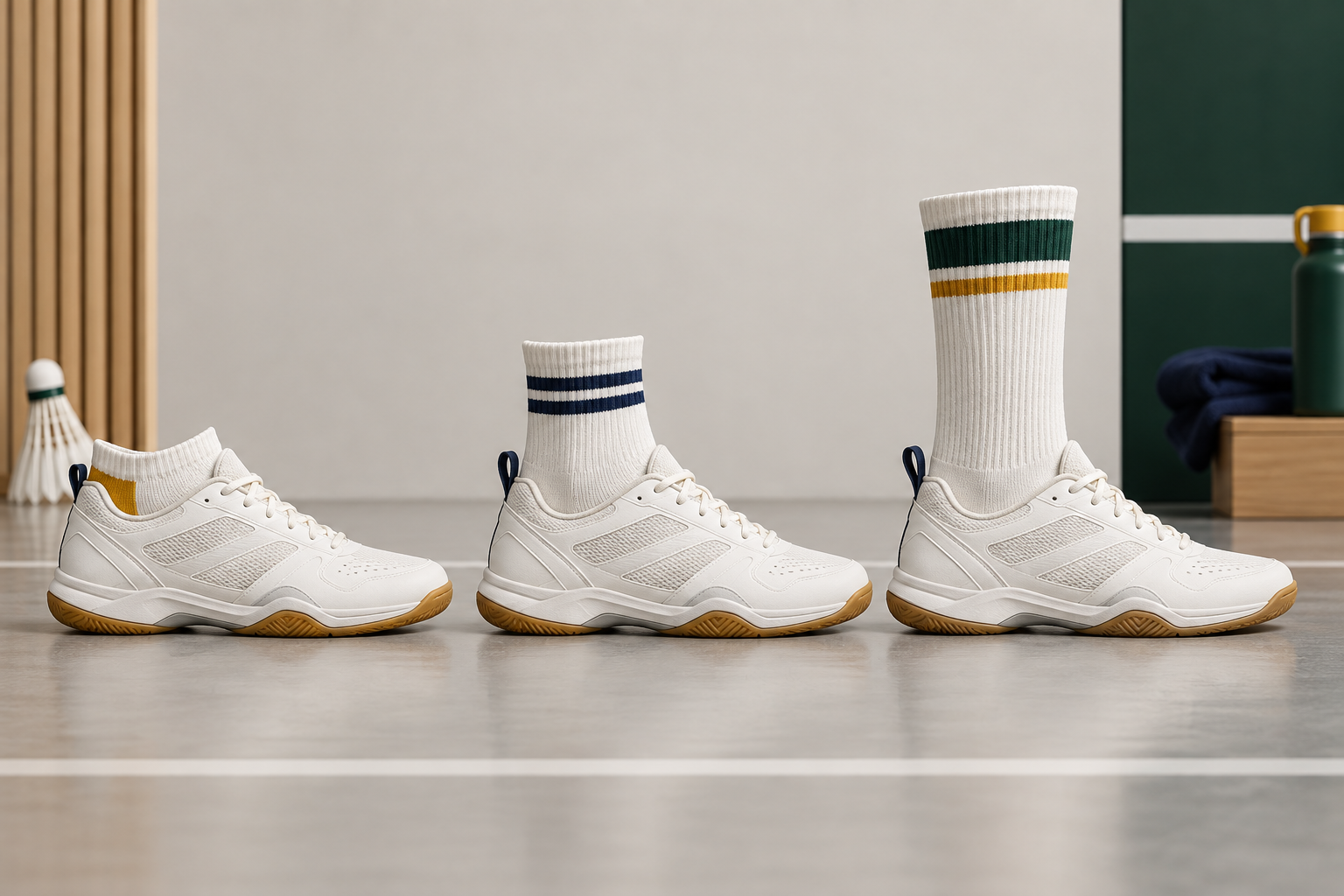 Illustrative badminton sock height and shoe-profile direction