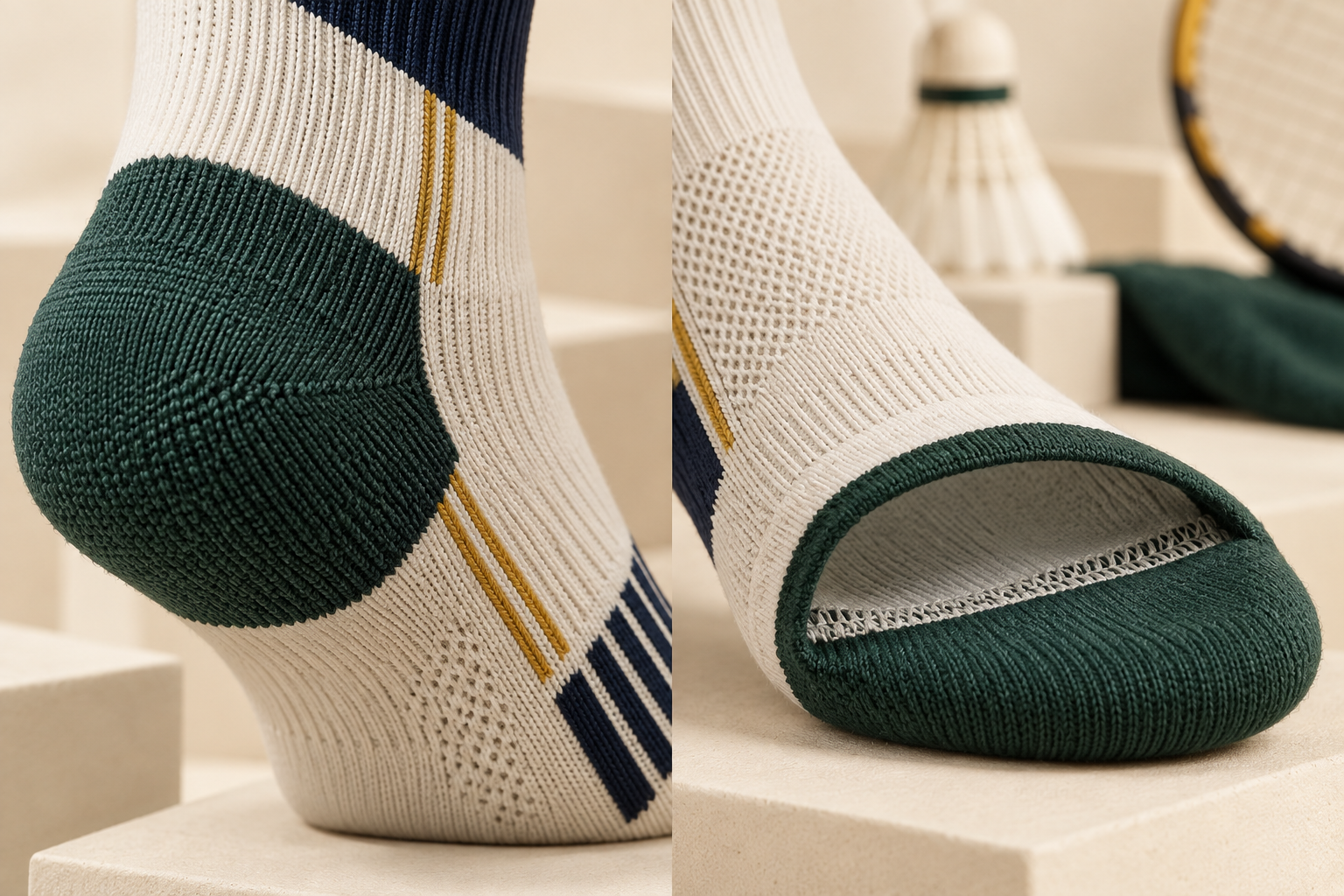 Illustrative badminton sock heel toe and seam directions