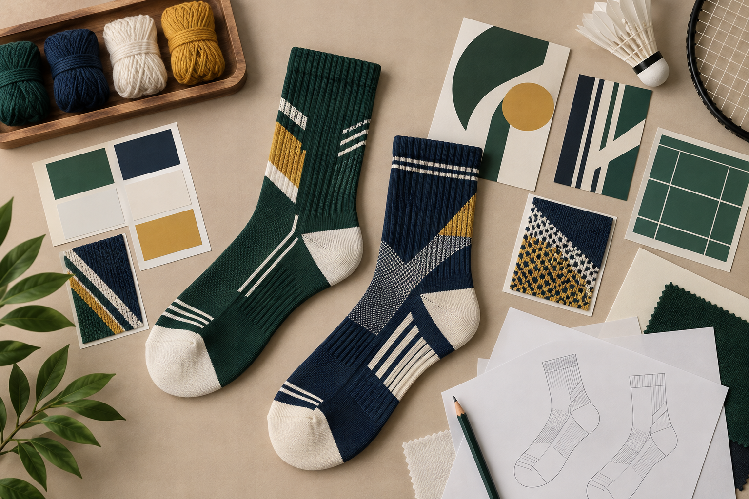 Illustrative badminton sock artwork and colour options