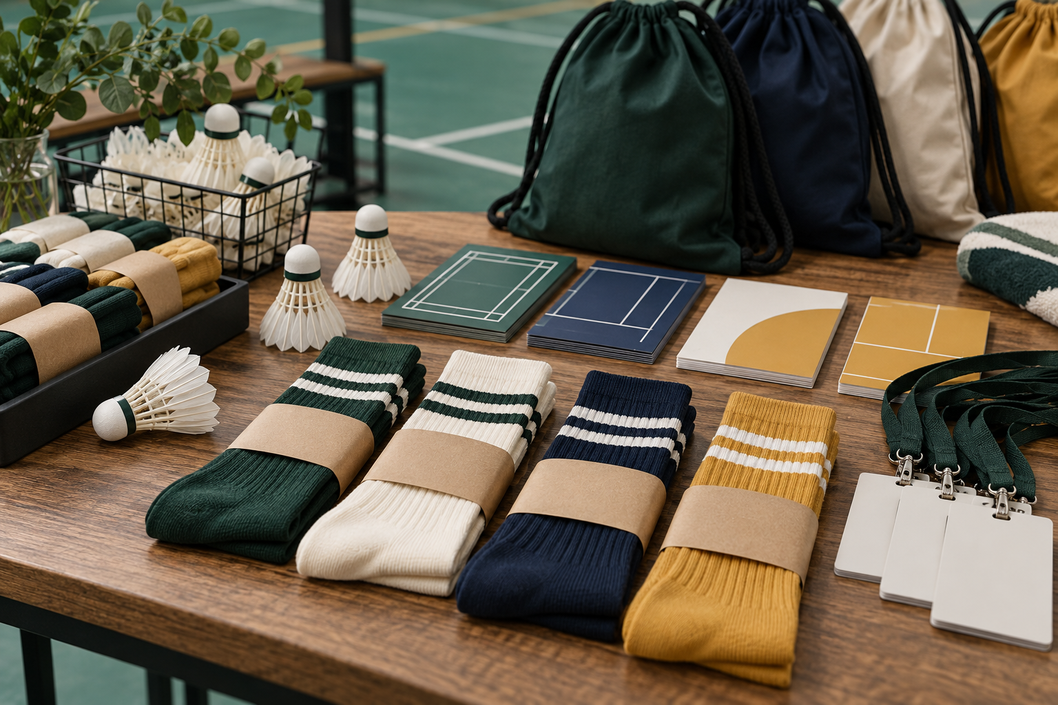 Illustrative badminton tournament and event merchandise
