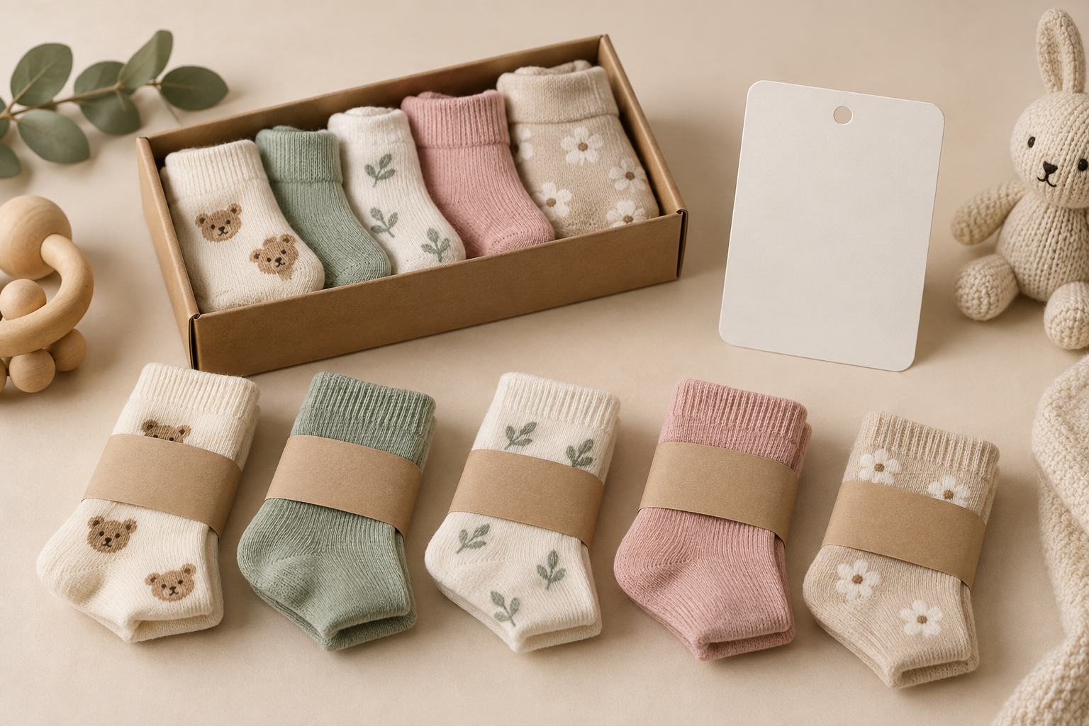 Illustrative baby sock packaging and size identification