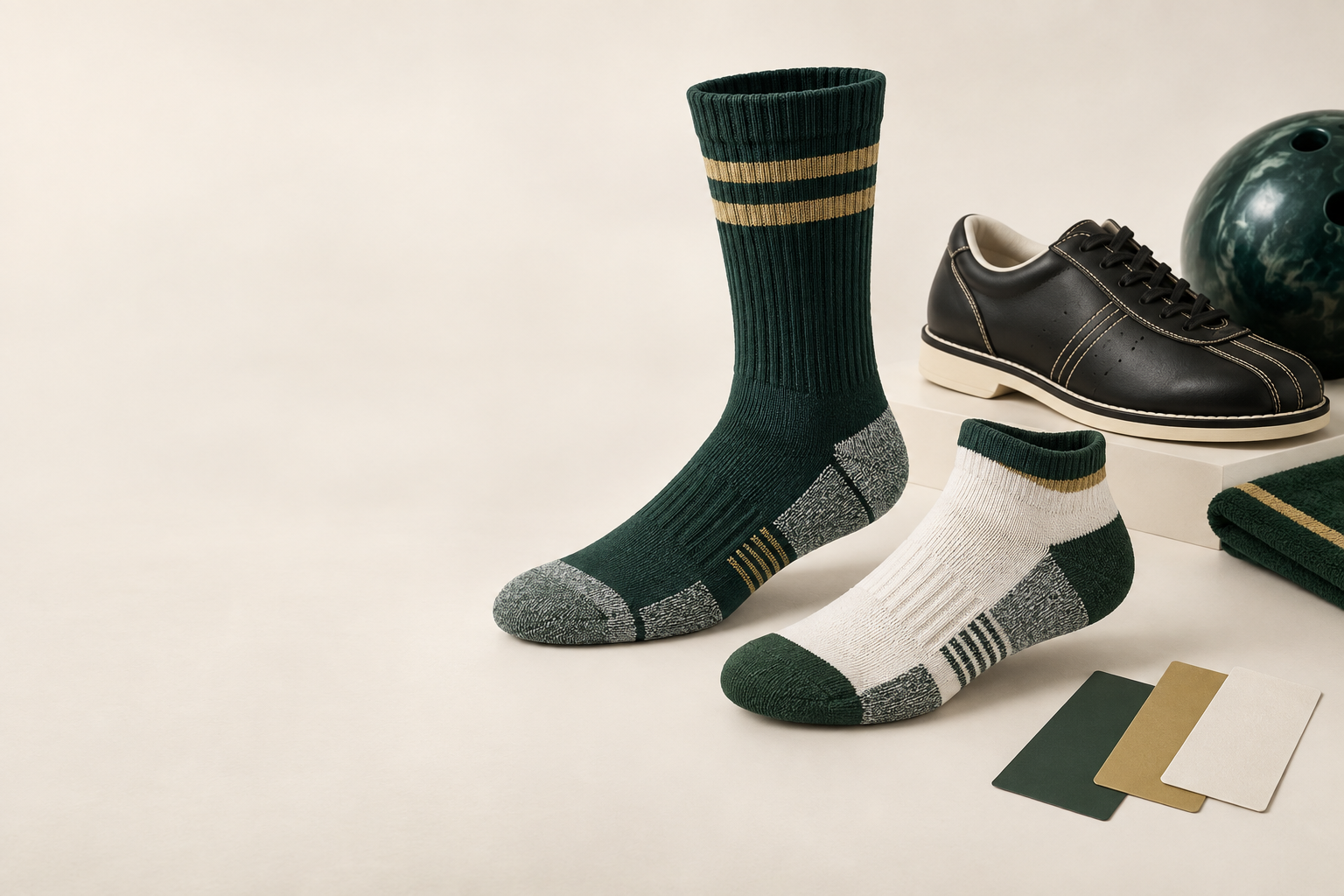 Illustrative custom bowling sock range beside unbranded bowling equipment