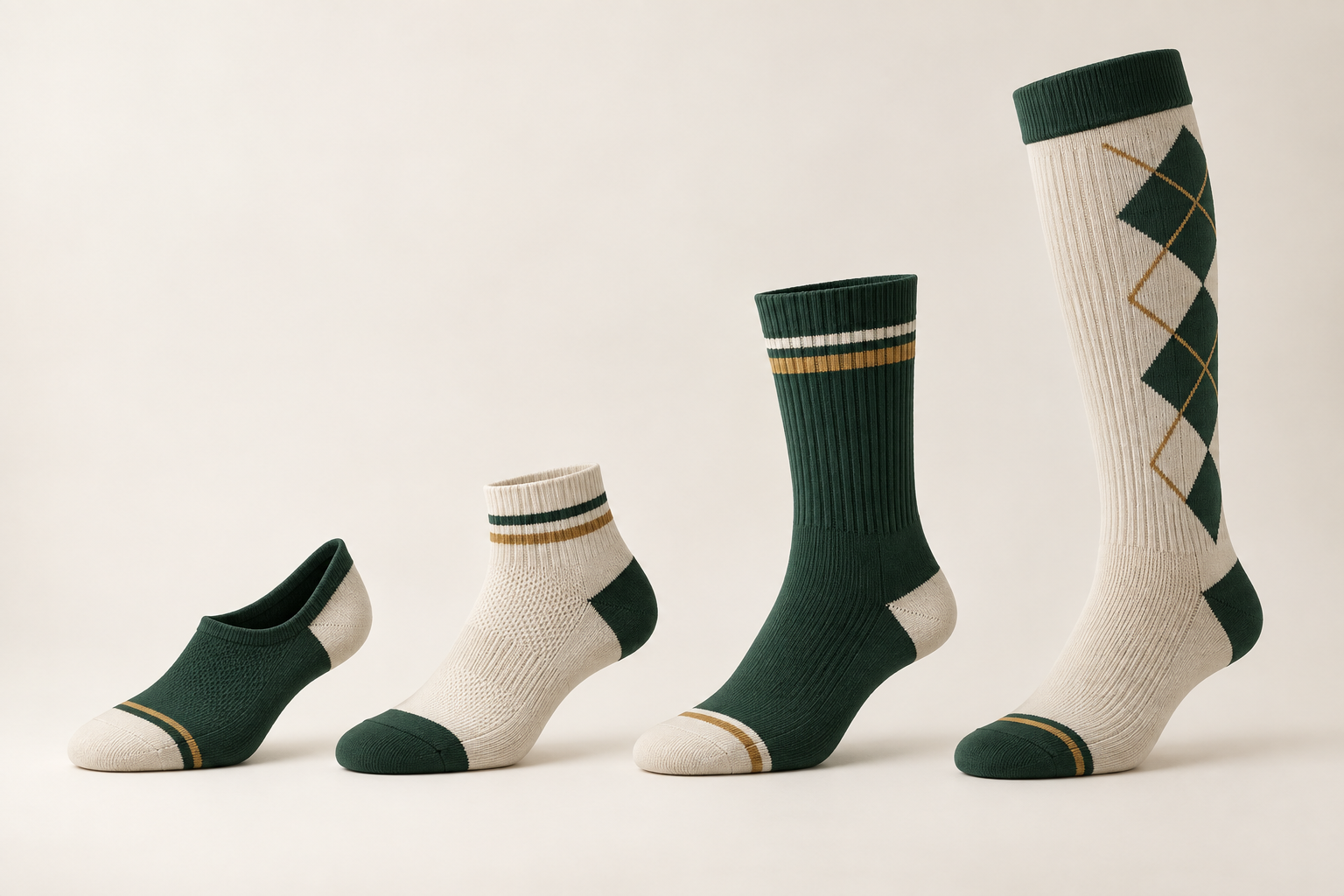 Illustrative no-show quarter crew and knee-high bowling sock directions