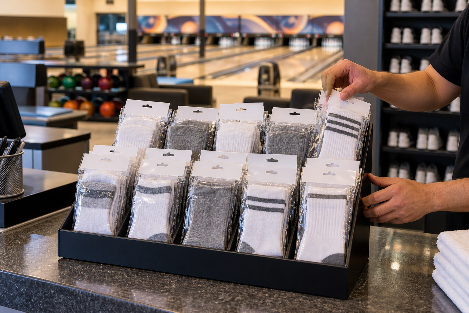 Illustrative bowling-center retail sock display