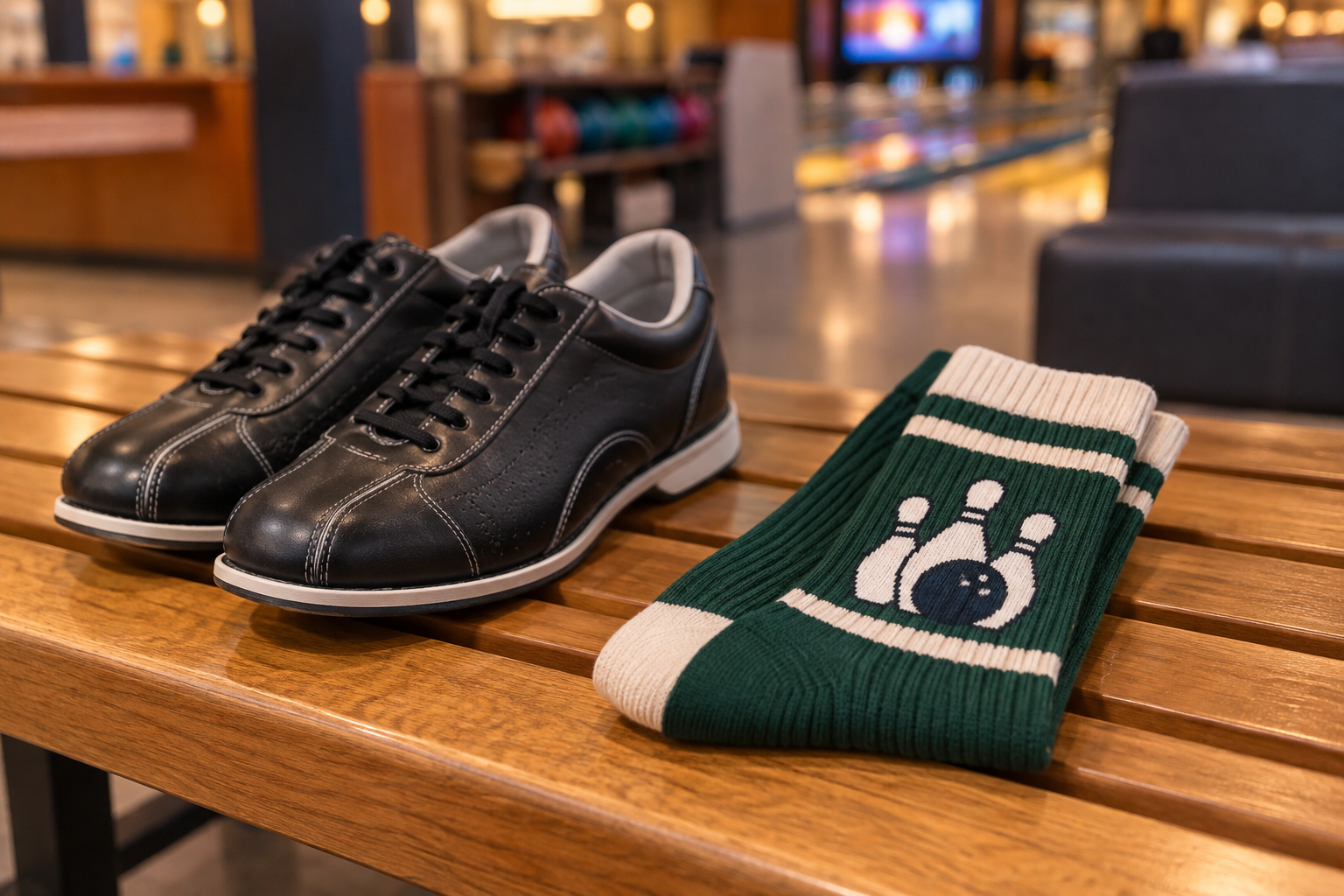 Illustrative bowling socks beside unbranded bowling shoes