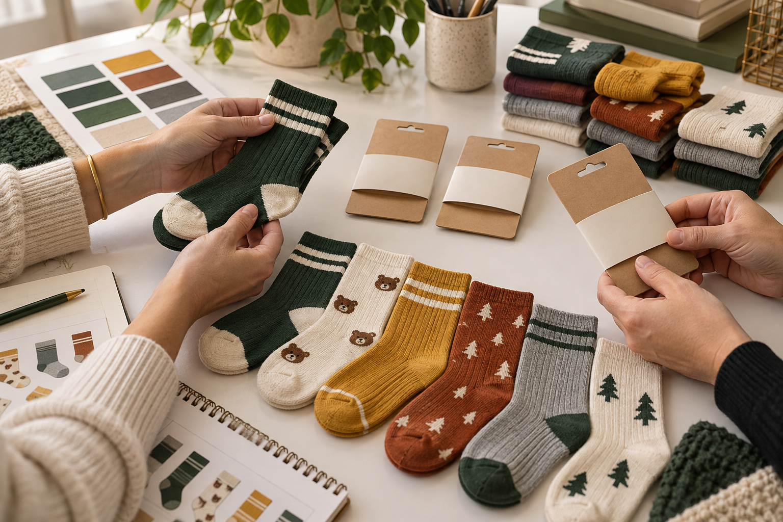 Illustrative children retail buyer reviewing a kids crew sock range
