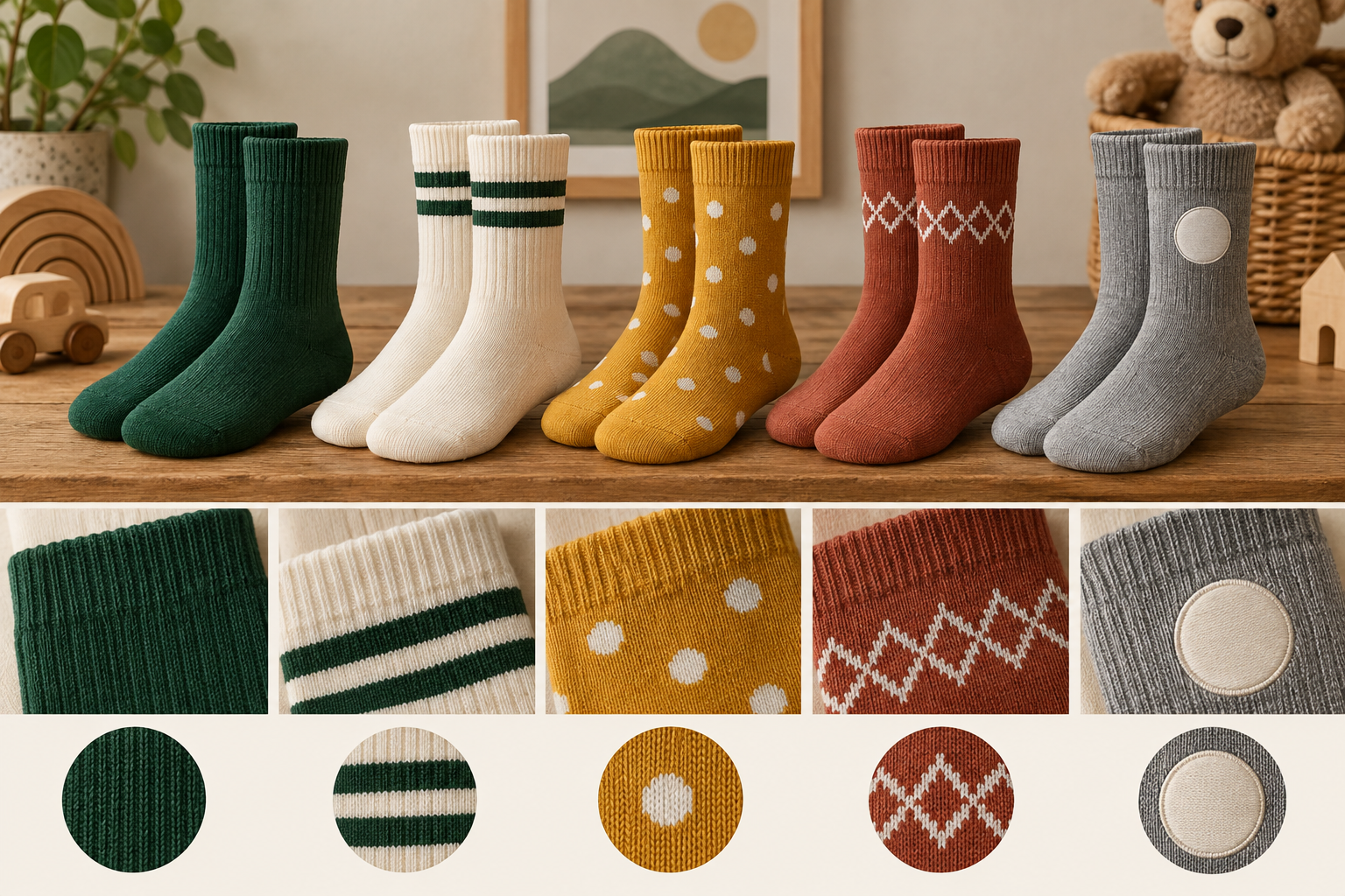 Illustrative colour pattern and branding options for kids crew socks