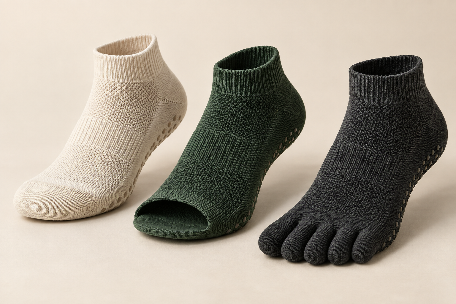 Illustrative Pilates grip sock full-toe open-toe and five-toe directions