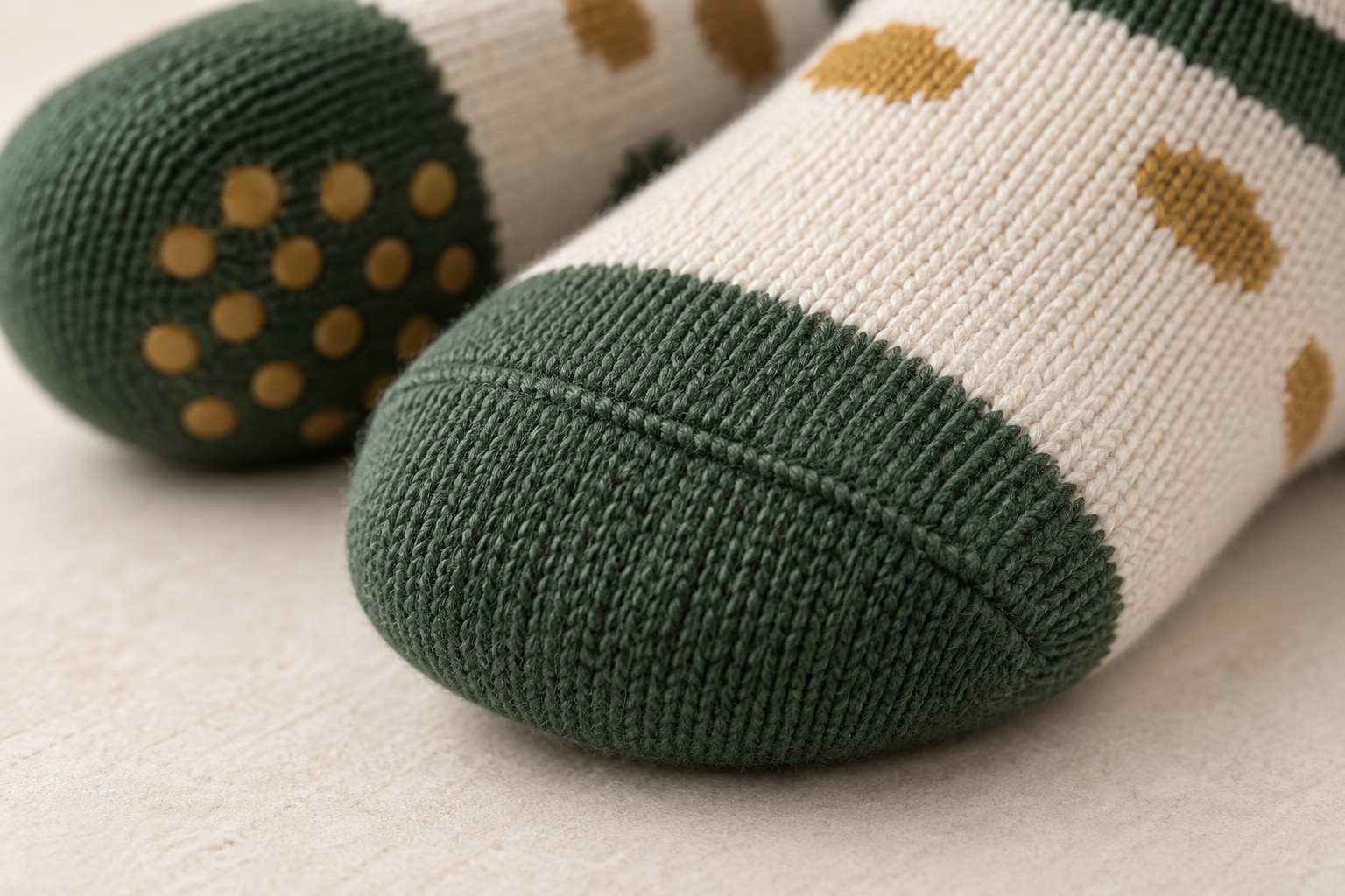 Illustrative smooth toe knit detail on a toddler sock