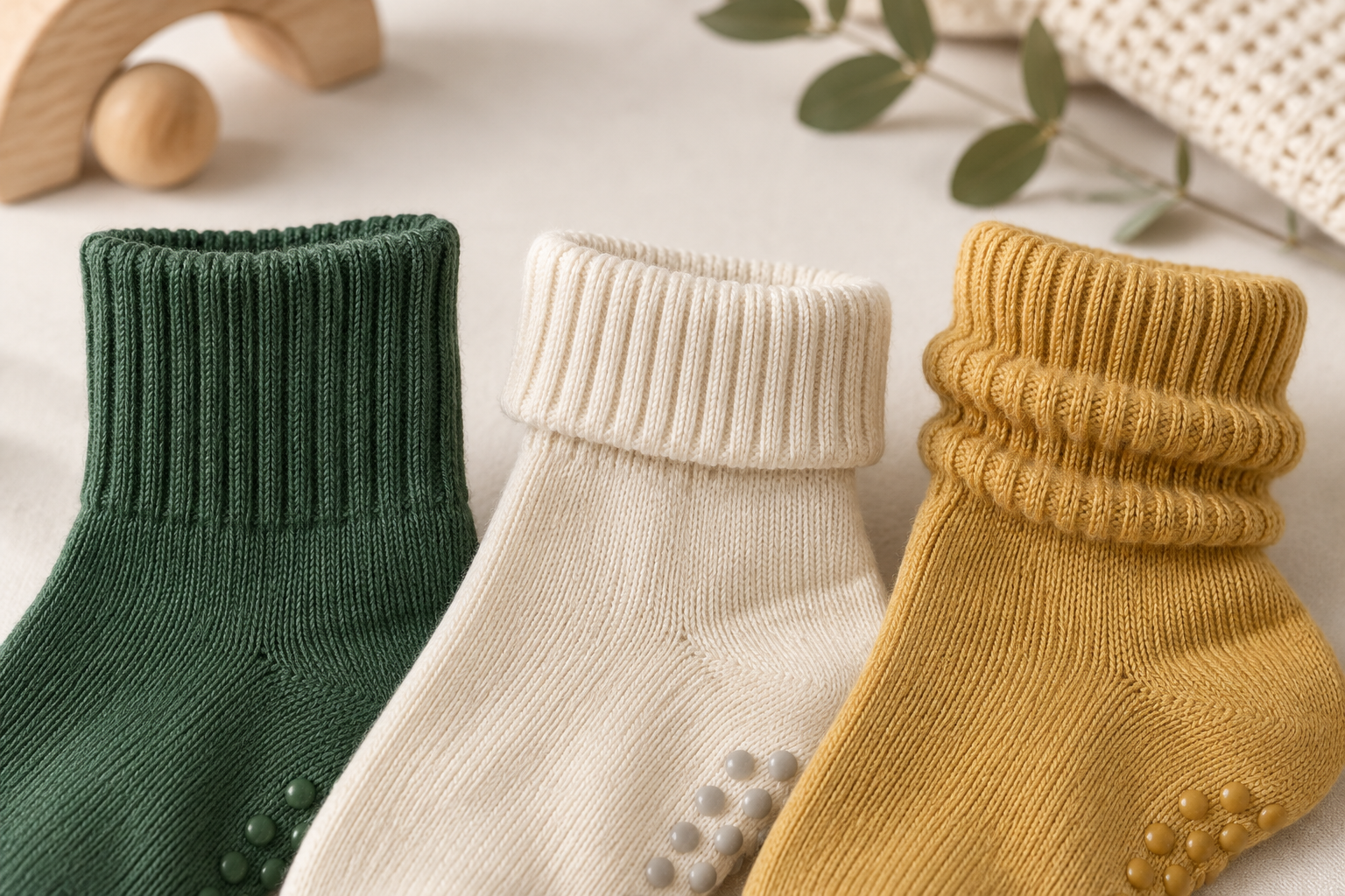 Illustrative gentle cuff knit detail on a toddler sock
