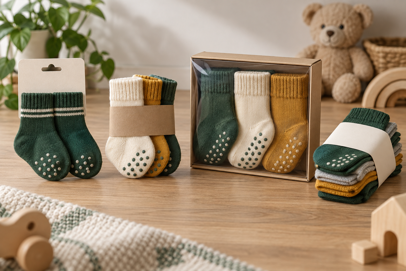 Illustrative toddler grip sock packaging and size identification