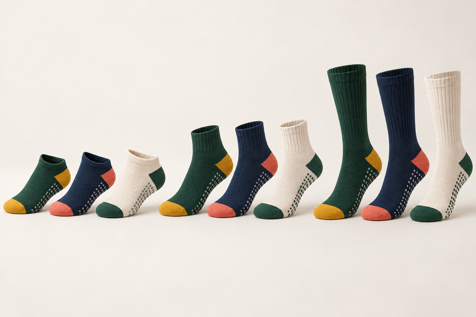 Illustrative ankle quarter and crew trampoline park sock range across visitor groups