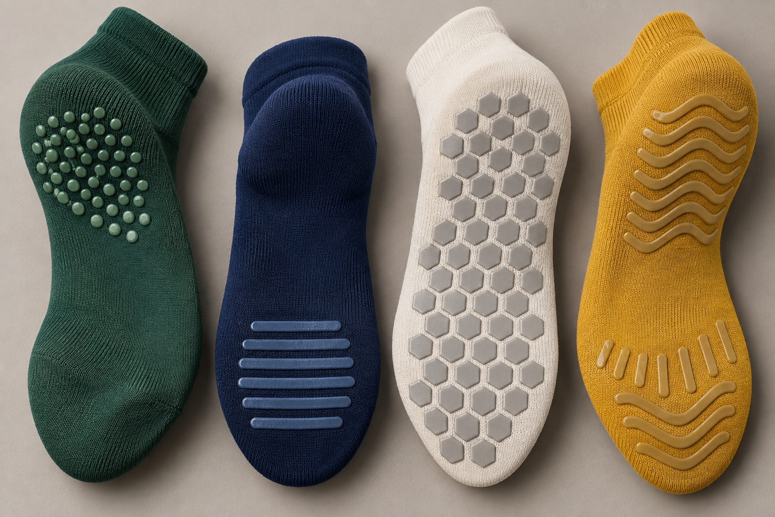 Illustrative full-sole forefoot heel and combined trampoline sock grip layouts