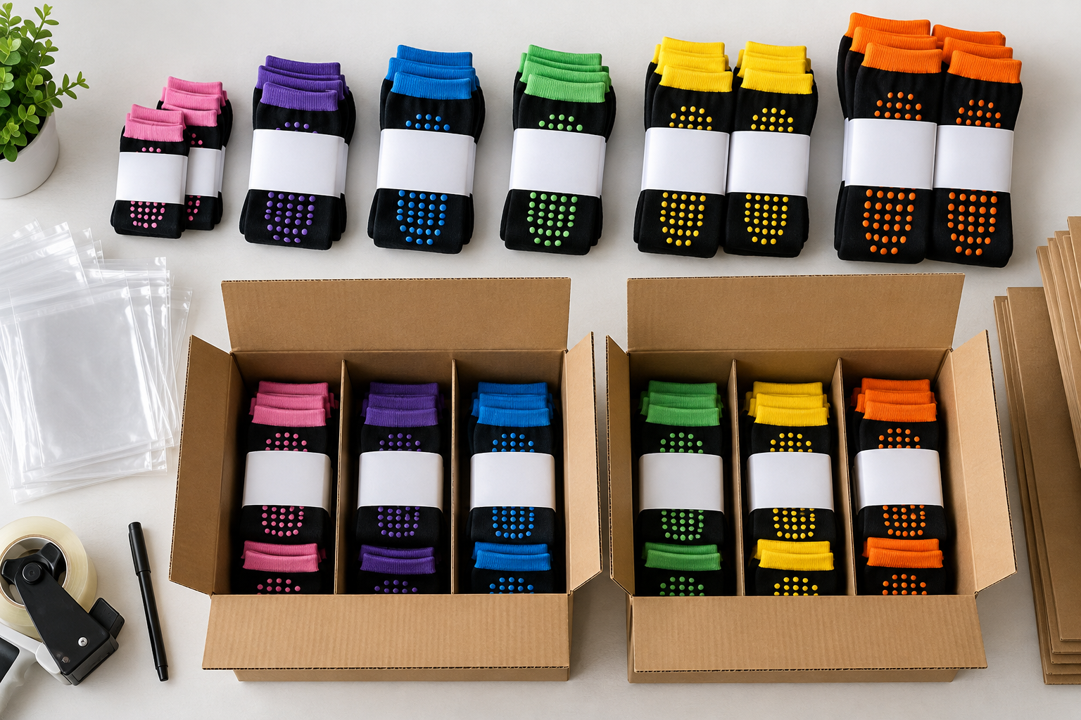 Illustrative size-sorted packs and carton allocation for venue socks