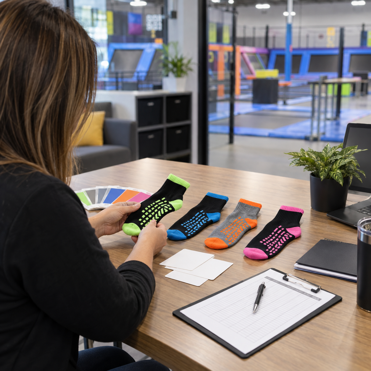 Illustrative independent trampoline park sock planning