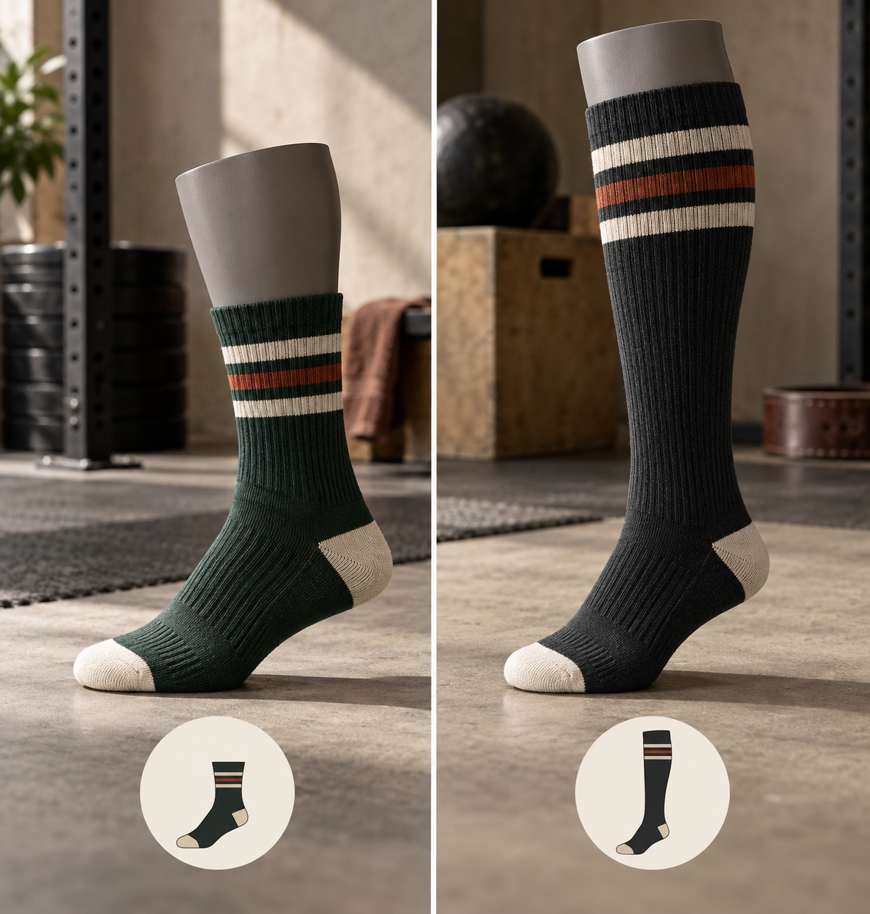 Illustrative weightlifting sock height and profile options