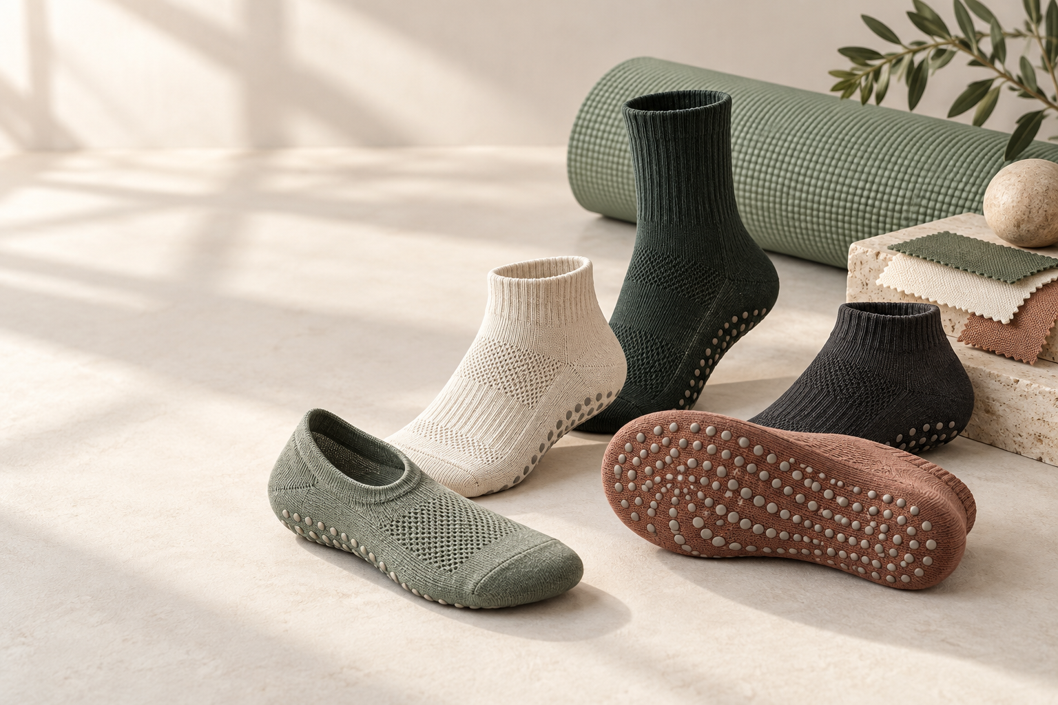 Illustrative custom yoga grip sock range for studios wellness brands and private-label programmes