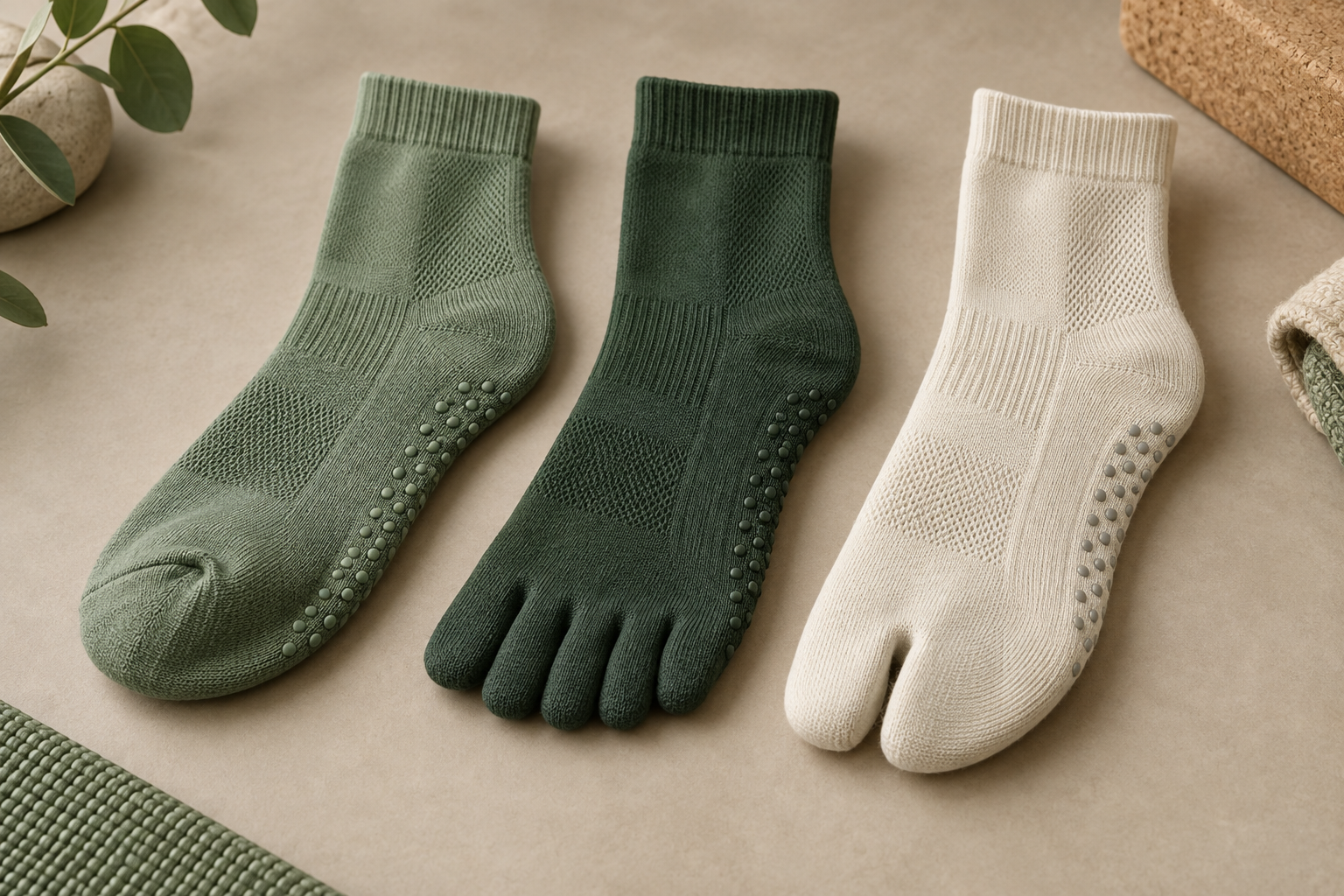 Illustrative yoga grip sock full-toe five-toe and alternative toe-format directions