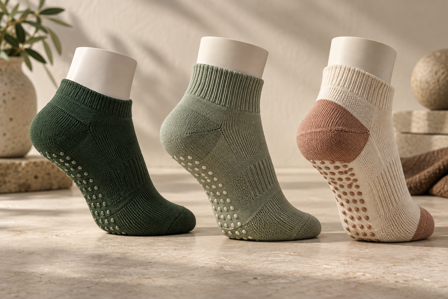 Illustrative yoga grip sock rib cuff and heel-fit directions