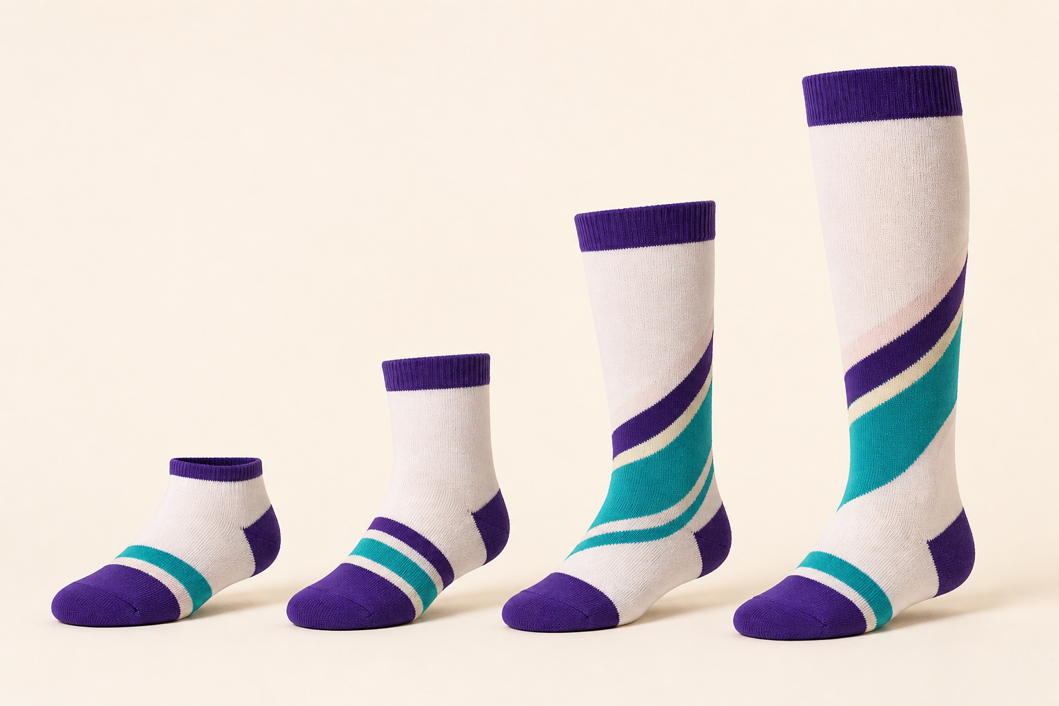 Illustrative ankle quarter crew and knee-high cheer sock lengths