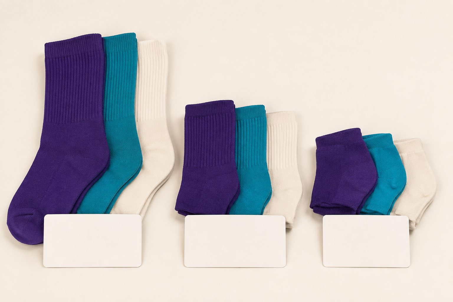 Illustrative cheer sock size-set planning with blank size cards