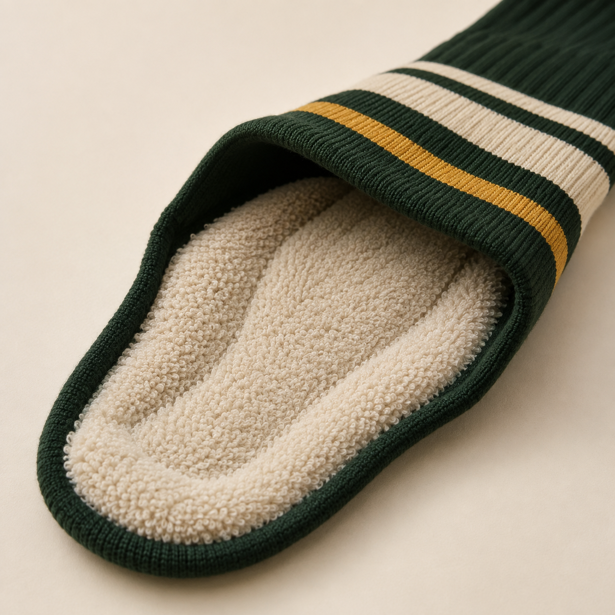 Dense terry-loop cushioning inside the footbed of a softball sock